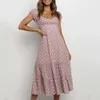 Powrót Lace Up Daisy Drukuj Długie Letnia Sukienka Kobiety Vintage Chic Boho Maxi Beach Wakacje Pink Vestidos 210427