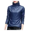 Blusas das mulheres camisas Mulheres Faux Faux Leather Solid Turtleneck Longo Manga Blusa Tops Casual