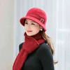 Le donne inverno cappello di lana spessore tendano caldo più sciarpa di velluto set moda per elegante coniglio pelliccia maglia secchio a maglia 211119