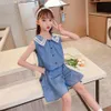Teen Girls Odzież dżinsowa kamizelka + ubrania krótkie dziecięce na letnie dzieci w stylu casual g 210528