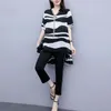 Women's Two-Piece Suits Summer New Western Style Elegant Tassel Zebra Print Casual Blouse & Fashion Black Skinny Pants Plus Size X0428