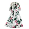 우아한 여성 패션 스위트 활 고리 반 소매 쉬폰 인쇄 A 라인 화이트 드레스 Vestidos 드 Mujer 의류 S641 210527