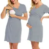 Maternity Nursing Dress Summer Pregnant Dress Cotton V Collar Solid Color Tops Pregnancy T Shirt Dresses for Breast-feeding G220309