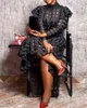 女性特大のロングブラックドレスカバーチェックプレイヤーマキシドレス長袖夏秋ファッションストリートパーティークラブアウトフィットG1214
