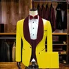 Fashionable Beige Groom Tuxedos 3 Pieces Groomsmen Burgundy Velvet Shawl Lapel Man Suit Wedding Men's Blazer Suits & Blazers291L