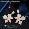 Pretty Dangle Drop Butterfly Flower 3 Tone Rose Gold Cubic Zirconia Women Earrings Elegant Costume Jewelry CZ716 210714