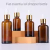 Flat Essential Oil Dropper Bottles Amber Cosmetic Pipette Container 10ml 20ml 30ml 50ml with Gold Lids