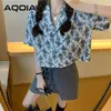 Blusa elegante de manga corta con estampado Floral para mujer, blusa con botones y cuello vuelto, camisa tipo túnica para mujer, Tops femeninos de moda de verano 210521