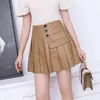Genuie Leather Skirt Women 2021 Spring South Korean Fashion High Waist Buttons Pleated Jupe Female Black/White Sexy Mini Faldas Skirts