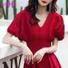 LdyrrwQy Red Design Sense francuski Hepburn Style Summer V-Neck Sukienka Puff Sukienka 210416