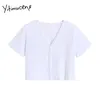 Yitimuceng Button Up T-shirts Frau Harajuku Tees V-ausschnitt Grau Schwarz Weiß Tops Sommer Koreanische Mode Gestrickte T-shirts 210601