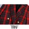 TRAF femmes mode Double boutonnage vérifier Blazer manteau Vintage à manches longues poches vêtements de dessus pour femmes Chic Veste Femme X0721