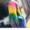 Bright Colorful Rainbow Hair Wig synthétique long raide rose jaune jaune vert violet ombre Lace Lace Front Wigs Beauty Fashion Femme4192134