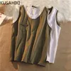 Hit Color Patchwork Fake Two Pieces Graphic T Shirts Causal Korean Sleeveless O-neck Pockets Women Tee Tops 6H999 210603