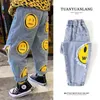 Baby Boys Jean Pants Kids Denim Trousers Children Casual Jean Yellow Face Printed Cotton Trousers 90 To 160 G1220