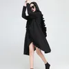 Automne hiver capuche à manches longues noir volants fendu joint irrégulier sweat-shirt femme mode 210520