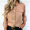 Beforw mulheres outono luva casual blusa escritório lady botão sólido bolsos camisas de blusa camisas elegantes plus size 210401