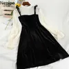 Neploe Temperament Midi Dress Women Velvet Patchwork Fake Two Black Vestidos High Waist Fashion Vintage Dresses Female 4H324 210422