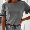 Summer Women Solid Color Wzburzyć Krótki Rękaw O Neck T Shirt Casual Loose Ladies Streetwear Plus Size Office Female Tops 210608