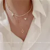 Pendentif Colliers VSnow Coréen Vintage Multi-couche Amour Coeur Simulation Perle Collier Pour Femmes Creux Perlé Métallique Bijoux