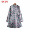 Tangada Women Geometry Print Shirt Dress With Tie Long Sleeve Ladies A-line Mini Dress Vestidos XN230 210609