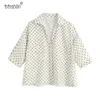Femmes Sweet Fashion Polka Dot Cropped Blouses Vintage Short Sleeve Side Vents Shirts Girl Chic Tops 210520