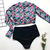 Swimsuit de cintura alta mangas compridas Swimwear mulheres floral impressão 2021 natação terno zíper triângulo biquíni bearing beachwear mulheres