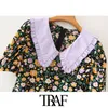 TRAF Femmes Chic Mode avec ceinture Floral Imprimer Mini Robe Vintage Peter Pan Collier à manches courtes Robes féminines Mujer 210415