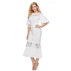 Women Dress Puff Sleeve Lace Patchwork Bandage Sexy Dresses Hollow Out Vintage White Plus Size Fashion 210524