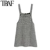 TRAF Mulheres Moda Houndstooth Tweed Pinafore Vestido Vintage Sem Mangas Bolsos Corta Vestidos Femininos Vestidos Mujer 210415