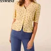 Mode col en V femmes chemisier élégant jaune grand-mère fleur Bouquet imprimer haut chemisiers T-shirt hauts 210520