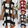 Summer Lattice Print Casual Drwomen's Neck Krótki Rękaw Suknie Dla Kobiet Plus Size Beach Boho Loose Midi Dress X0529