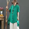 Style national été femmes chemise grande taille à manches courtes couleurs lâches bouton longs hauts en lin Vintage Femme Blouses D14 210512