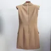 Vestido feminino com fivelas de metal, alta qualidade, trespassado, feminino, gola xale, clássico, sem mangas, carreira, 285m