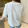 Sommar Kvinnors Blus Koreanska Mode Vintage Lace Shirt Solid Short Sleeve Ruffled Top och Camisa 14193 210427