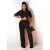 2020 Best Quality Famous Brand 2 pcs Women Set Solid O-neck Short Sleeve Short Tops Straight Long Pants Casual Outfits Y0625