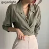 Spring Korean Ins Turn-Down Collar Cross Side Tie Blouses Fashion Slim Short Shirts Solid Tops For Women Office Lady 210601