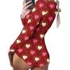 Short Jumpsuit Women 2022 Valentines Day Tracksuits New Printed Rompers Long Sleeve Home Pajamas Deep V Neck Nightclub Tight Sexy Bodysuit