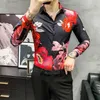 Bahar Erkekler Gömlek Anime Baskı Uzun Kollu Rahat Gömlek Streetwear Slim Fit Çiçek Elbise Gömlek Erkekler Giyim Camisa Masculina 210527