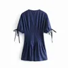 Summer Navy Color Deep V Neck PlaySuit Women Batwing Short Sleeve Elegant Pleated Bow Cotton Linen Romper Lady 210515