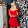 Sommar Kvinnor Långärmad Dot Bodycon Bandage Klänning Sexig Lace Red Mini Club Celebrity Evening Runway Party Dresses 210423