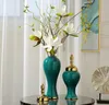 Vases Europese Stijl Vert foncé Keramische Opslag Pot Met Deksel Emaille Heldere Vergulde Bloemen Woondecoratie Art