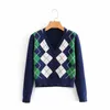 Kvinnor V Neck Collar Button Up Closure Argyle Print Knit Sweater Preppy Style Cardigan 210512