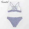 Seaselfie sexig blå och vit rand triangel bikini sätter kvinnor låg midja baddräkt två stycken strandbadkläder swimwear 210407