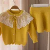 Sweter dla dzieci Jesień Zima Kid Set 'Lace Solid Color Long + Krótka sukienka 2 sztuk Dziewczyny 210515