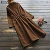 Vintage corduroy shirt jurk dames lente sundress zanzea lange mouw trekkoord vestidos vrouwelijke knop tuniek tops vestigans x0521