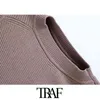 Traf女性のファッションリブ付きトリムの特大ニットベストセータービンテージノースリーブ女性ウエストコートシックトップ210415