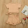 Zomer kids kleding sets baby meisjes ronde kraag shirt strik katoenen tops + kant shorts 2pcs / set ZYY897