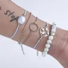 Ensemble de bracelets bohème pour femmes, chaîne à maillons, 5 pièces/ensemble, perles ovales blanches craquelées, turquoises, chaînes en pierre naturelle, bijoux
