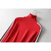Women Roll Neck Fitted Knit Pullover With Contrast Stripe Sleeve Classic Teenage Girls' Sweater 210512